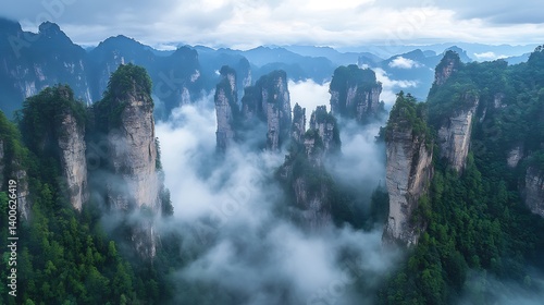 Hyper-realistic oil painting of Zhangjiajie’s floating peaks, the mist swirling between the towering rock formations, soft blues and greens blending with golden hues from the morning sun,
