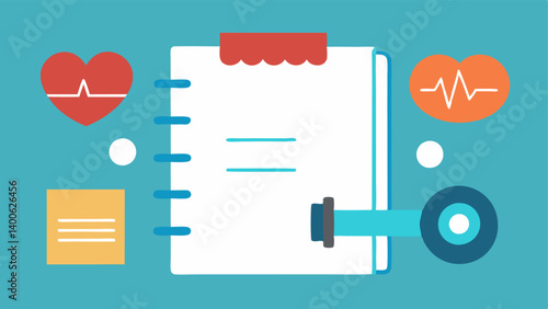 Tailored Workout Plan An open notebook with a personalized workout plan beside a set of dumbbells with icons representing different biometrics heart rate pressure etc. surrounding