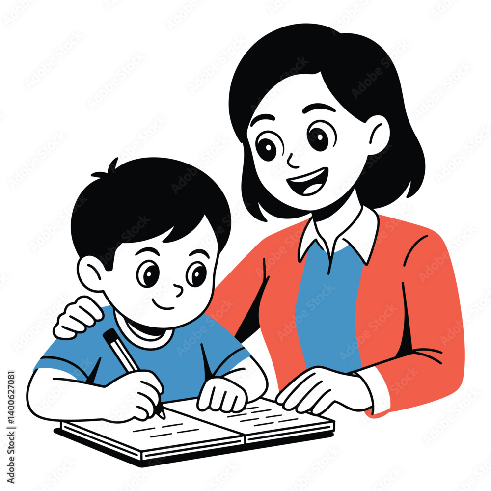 Cartoon woman helping child with writing, black and white learning and education illustration Cartoon woman helping child with writing, black and white learning and education illustration