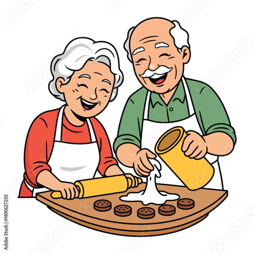 Cartoon elderly couple baking together, happy grandparents cooking with love and joy in kitchen