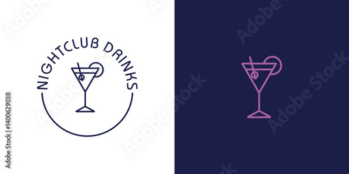 Nightclub drinks logo Drinks Concept. Bright Neon Layered Liquor Icon. Flat Style. Cocktail Time Design. Drink In Glass. 