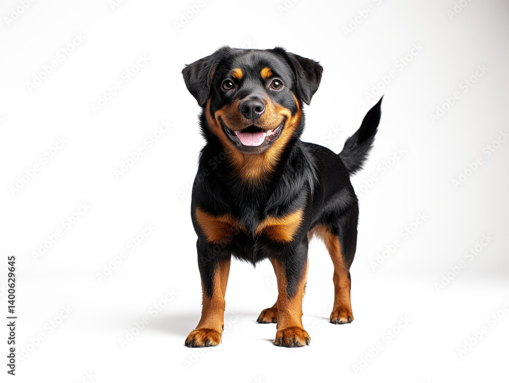 A high-resolution studio photograph full body shot of an smile adorable Rottweiler dog on a pure white background, A high-resolution studio photograph full body shot of an smile adorable Rottweiler dog on a pure white background,