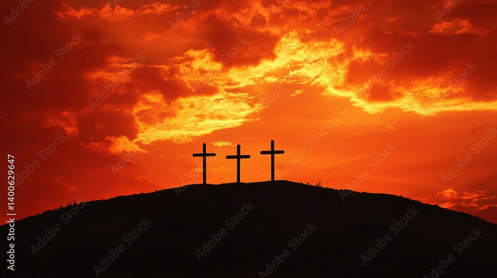 Crucifixion scene in Jerusalem, silhouette of three crosses atop a hill, dramatic and spiritual background. Crucifixion scene in Jerusalem, silhouette of three crosses atop a hill, dramatic and spiritual background.