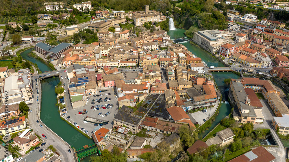 Aerial view of Isola del Liri, simply known as Isola Liri. It is an Italian city of Lazio, Italy, in the province of Frosinone. The old town is situated between two canals of the Liri river.