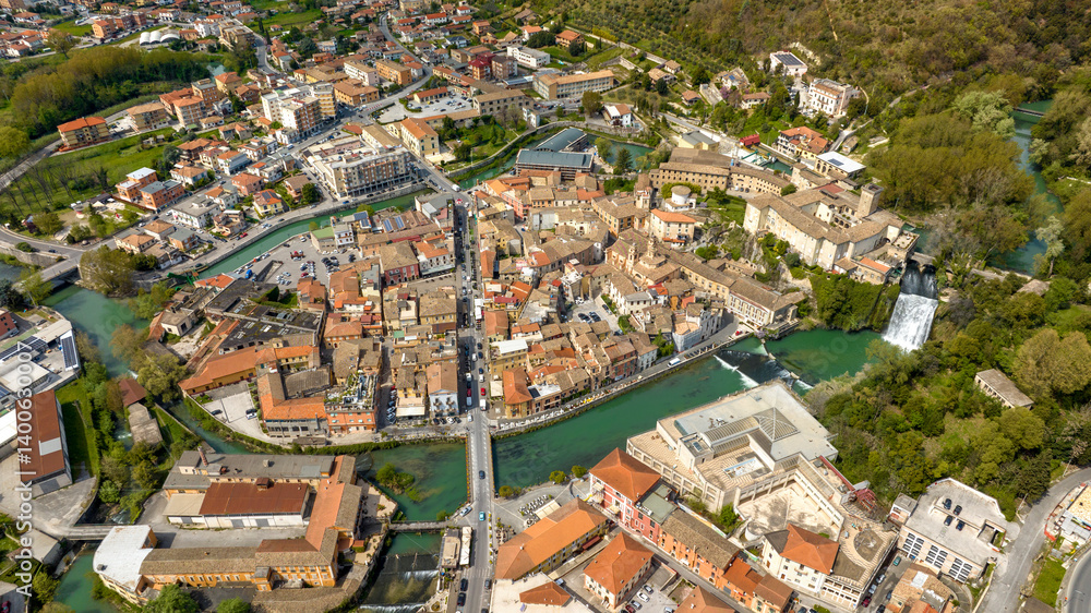 Aerial view of Isola del Liri, simply known as Isola Liri. It is an Italian city of Lazio, Italy, in the province of Frosinone. The old town is situated between two canals of the Liri river.