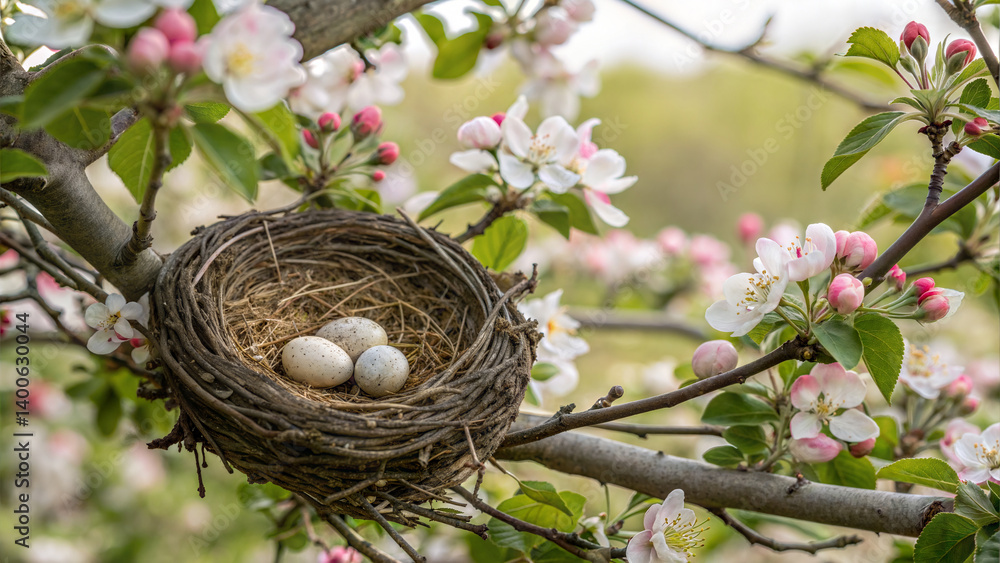 Colorful Eggs in a Nest with White Flowers Colorful Eggs in a Nest with White Flowers