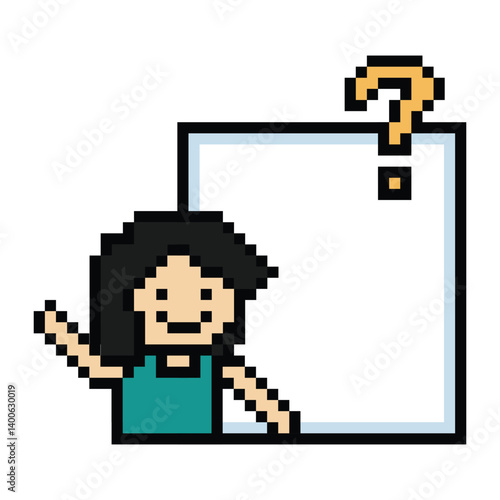 Cute pixel cartoon character woman with question mark decoration 8 bit female girl lady confused idea question mark think questionnaire choose cartoon pixel game 8bit png vector.