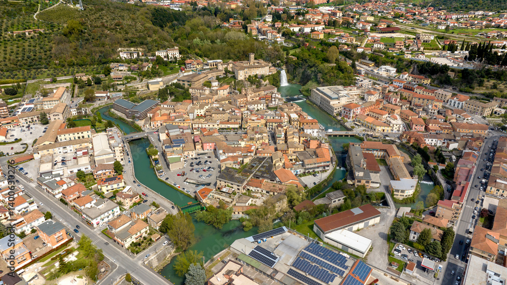 Aerial view of Isola del Liri, simply known as Isola Liri. It is an Italian city of Lazio, Italy, in the province of Frosinone. The old town is situated between two canals of the Liri river.