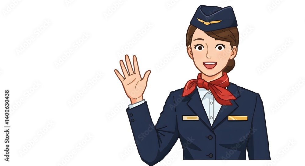 Cartoon illustration of a smiling flight attendant waving on a plain white background space for text Cartoon illustration of a smiling flight attendant waving on a plain white background space for text