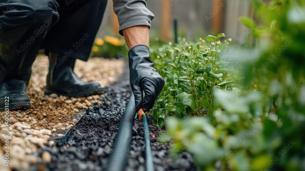 Landscaper installing a garden irrigation system. Featuring efficiency and sustainability Landscaper installing a garden irrigation system. Featuring efficiency and sustainability