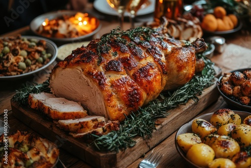 Roasted turkey or ham centerpiece on a wooden board surrounded by side dishes.