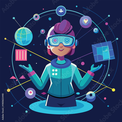 Futuristic Character with Smart Glasses Analyzing Data in Virtual Space vector 