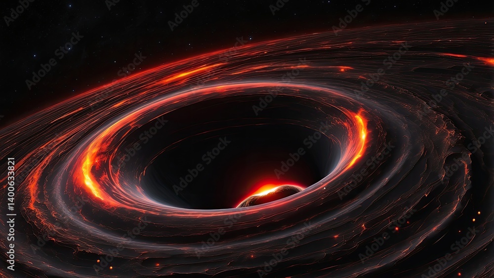 A dark black hole surrounded by a fiery, glowing accretion disk in space. A dark black hole surrounded by a fiery, glowing accretion disk in space.