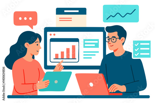 Office discussion between two coworkers with laptops and graphs