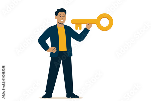 Man holding big key in business suit illustration