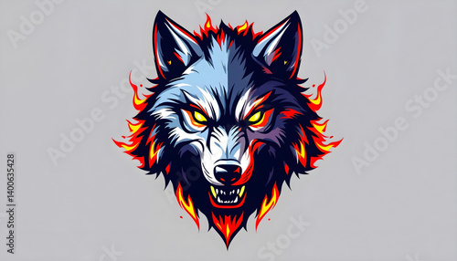 an illustration of a wolf head esports logo with fire and flames