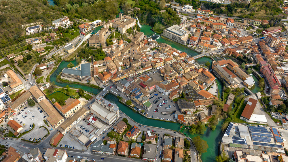 Aerial view of Isola del Liri, simply known as Isola Liri. It is an Italian city of Lazio, Italy, in the province of Frosinone. The old town is situated between two canals of the Liri river.