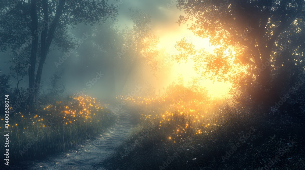 Naklejka premium Dreamy forest scene with ethereal light shining through trees creating a magical atmosphere.