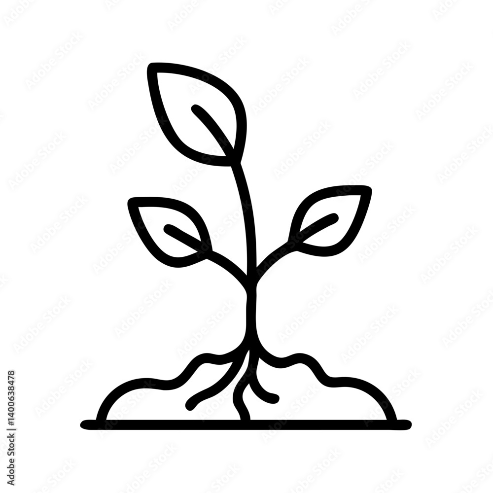 Outline drawing of a plant seedling with roots in soil for agriculture and gardening design Outline drawing of a plant seedling with roots in soil for agriculture and gardening design