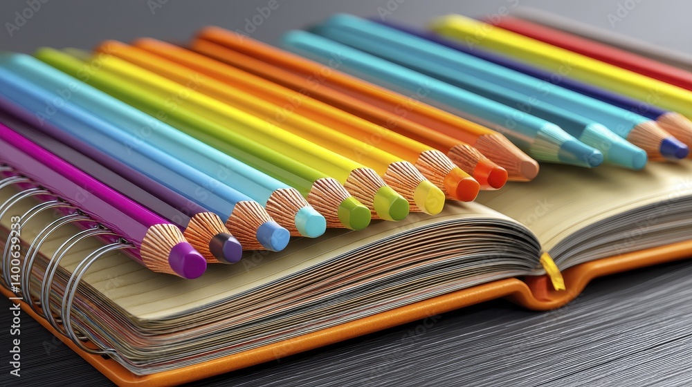 Fototapeta premium Several colorful pencils spread across a notebook - design craft detail backdrop