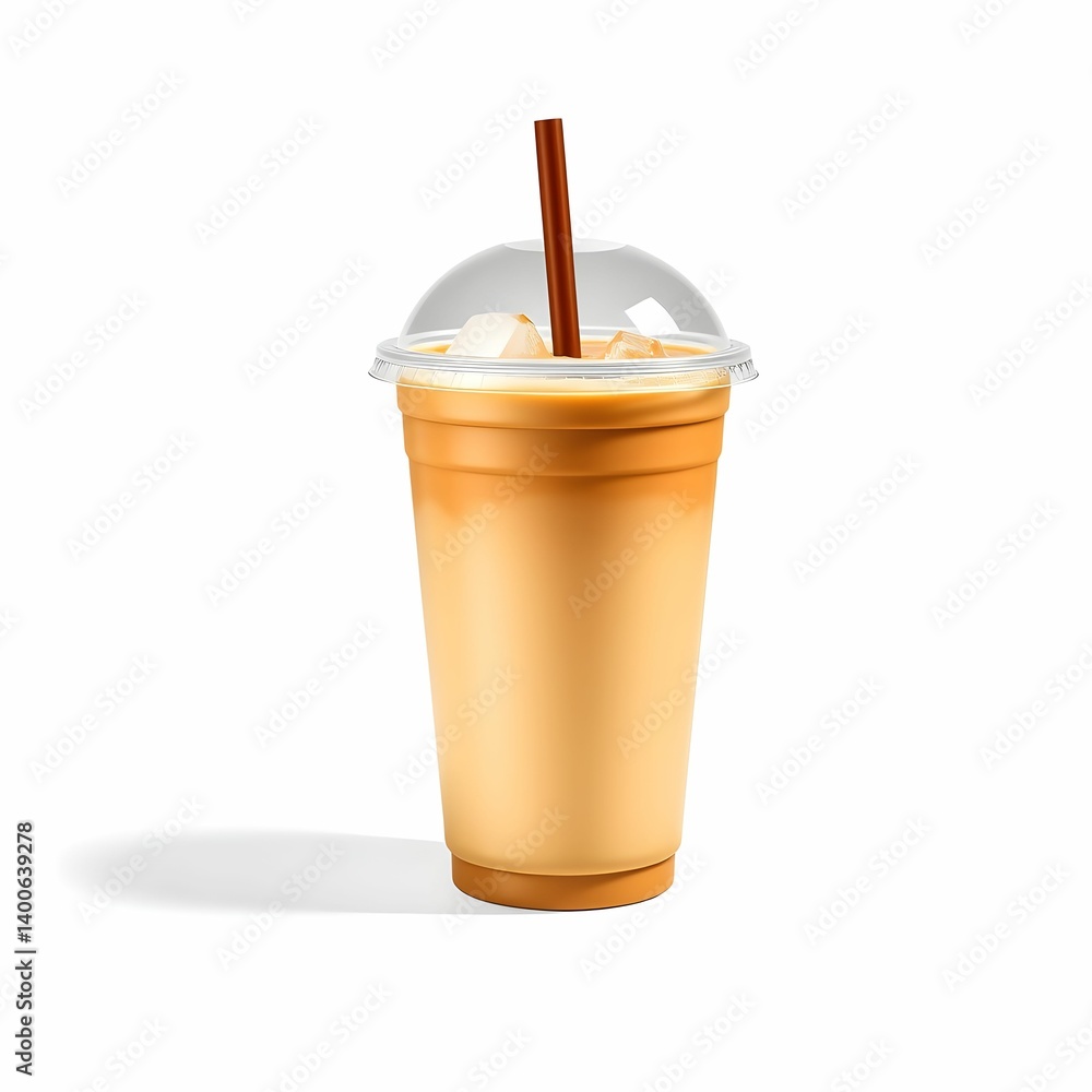 Clear plastic cup, golden brown liquid, domed lid, red straw, smooth texture, soft lighting, white background, beverage photography, realistic rendering, product shot, iced coffee, to-go drink Clear plastic cup, golden brown liquid, domed lid, red straw, smooth texture, soft lighting, white background, beverage photography, realistic rendering, product shot, iced coffee, to-go drink