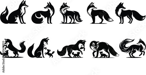Vector Fox Silhouettes: A stylized collection of fox silhouettes, showcasing the graceful forms of these fascinating creatures, perfect for design assets or illustrations.