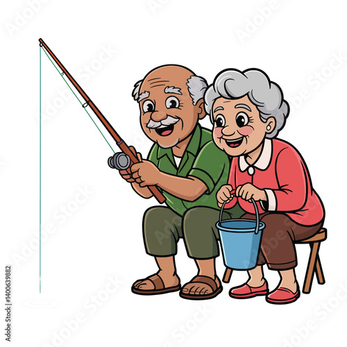 Cartoon elderly couple fishing together, happy grandparents enjoying relaxing outdoor activity
