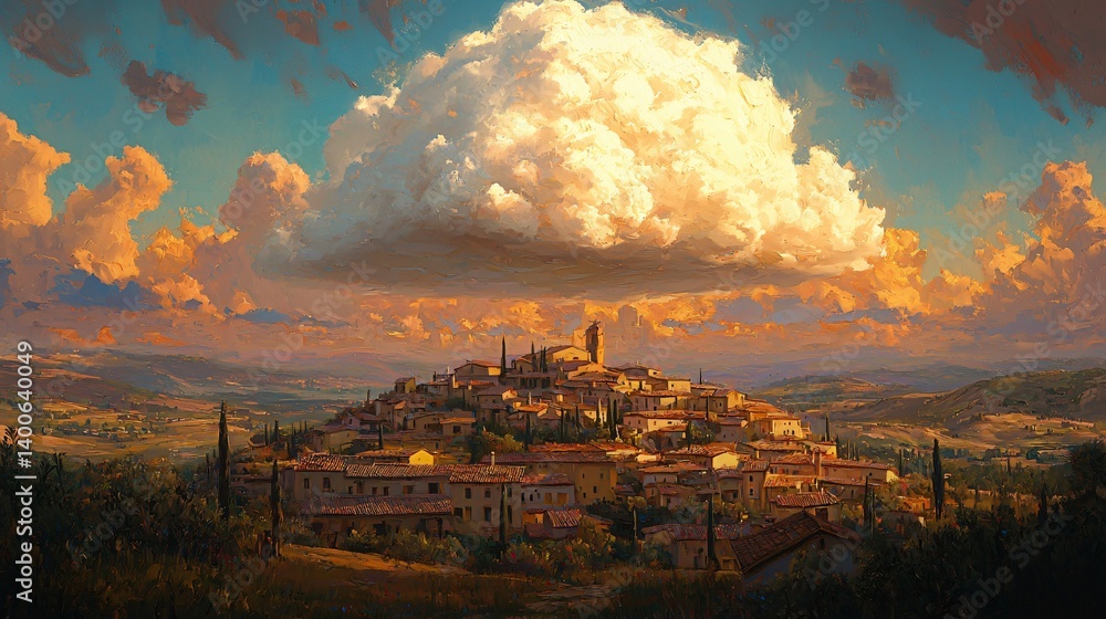 Fototapeta premium Picturesque Village Under Dramatic Cloudscape - Scenic View of Quaint Village in Rolling Hills