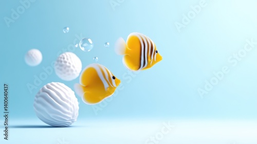 Two Yellow Fish White Spheres Minimalist Style High-Resolution Render Side View Bubbles Swimming Motion Pastel Blue Background Serene Mood Ideal for Website Banners