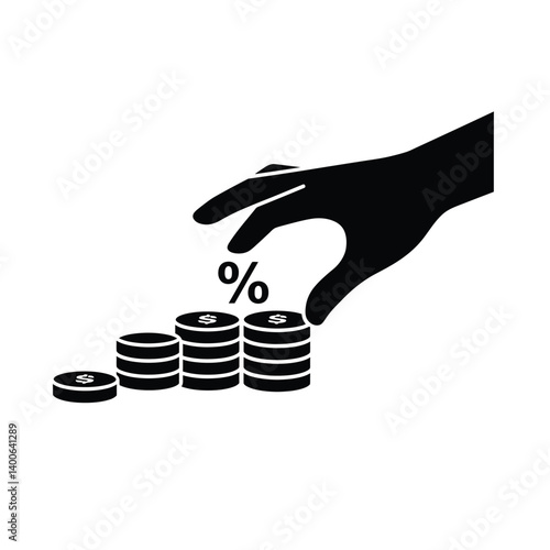 Hand Reaching For Percentage Symbol On Stacked Coins Financial Concept