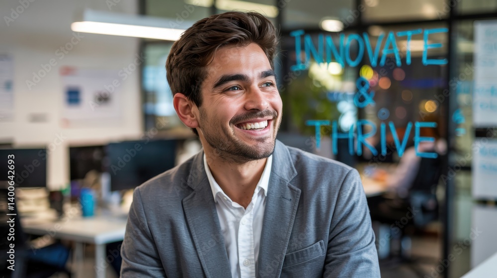Fototapeta premium Happy startup founder smiling with energy. Modern workplace joy and positive business attitude.
