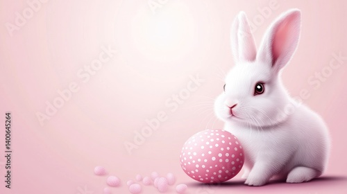 Cute White Bunny with Pink Polka Dot Egg for Easter Holiday