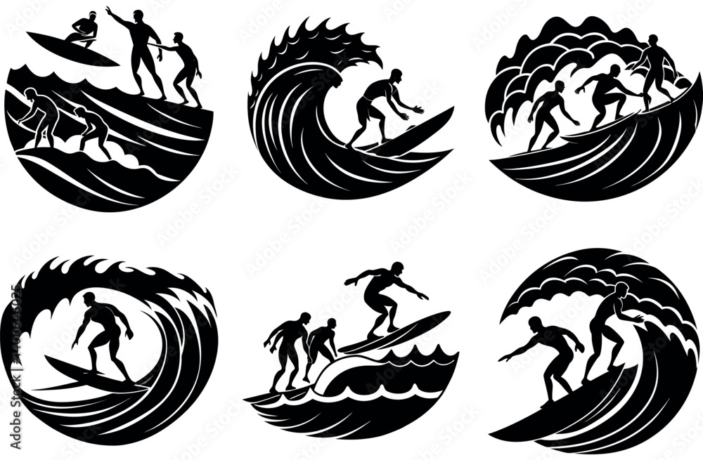 Surfer silhouette vector of three riders catching waves together, perfect for surf-themed SVG designs, water sports clipart, summer vinyl decals, beach lifestyle logos, and t-shirt printing projects Surfer silhouette vector of three riders catching waves together, perfect for surf-themed SVG designs, water sports clipart, summer vinyl decals, beach lifestyle logos, and t-shirt printing projects