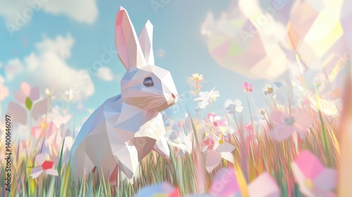Low Poly Rabbit in Flower Field Under Blue Sky Digital Artwork