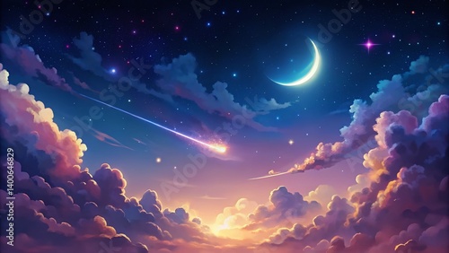 Anime Night Sky: Crescent Moon, Shooting Star, Magical Background