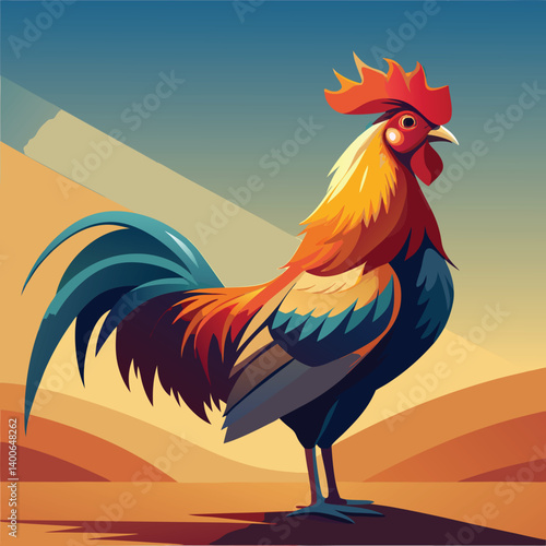Red farm cockerel, a domestic fowl, isolated in nature