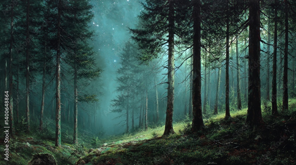 Fototapeta premium Mystical forest illuminated by starlight with misty atmosphere and tall trees creating a serene and magical night landscape