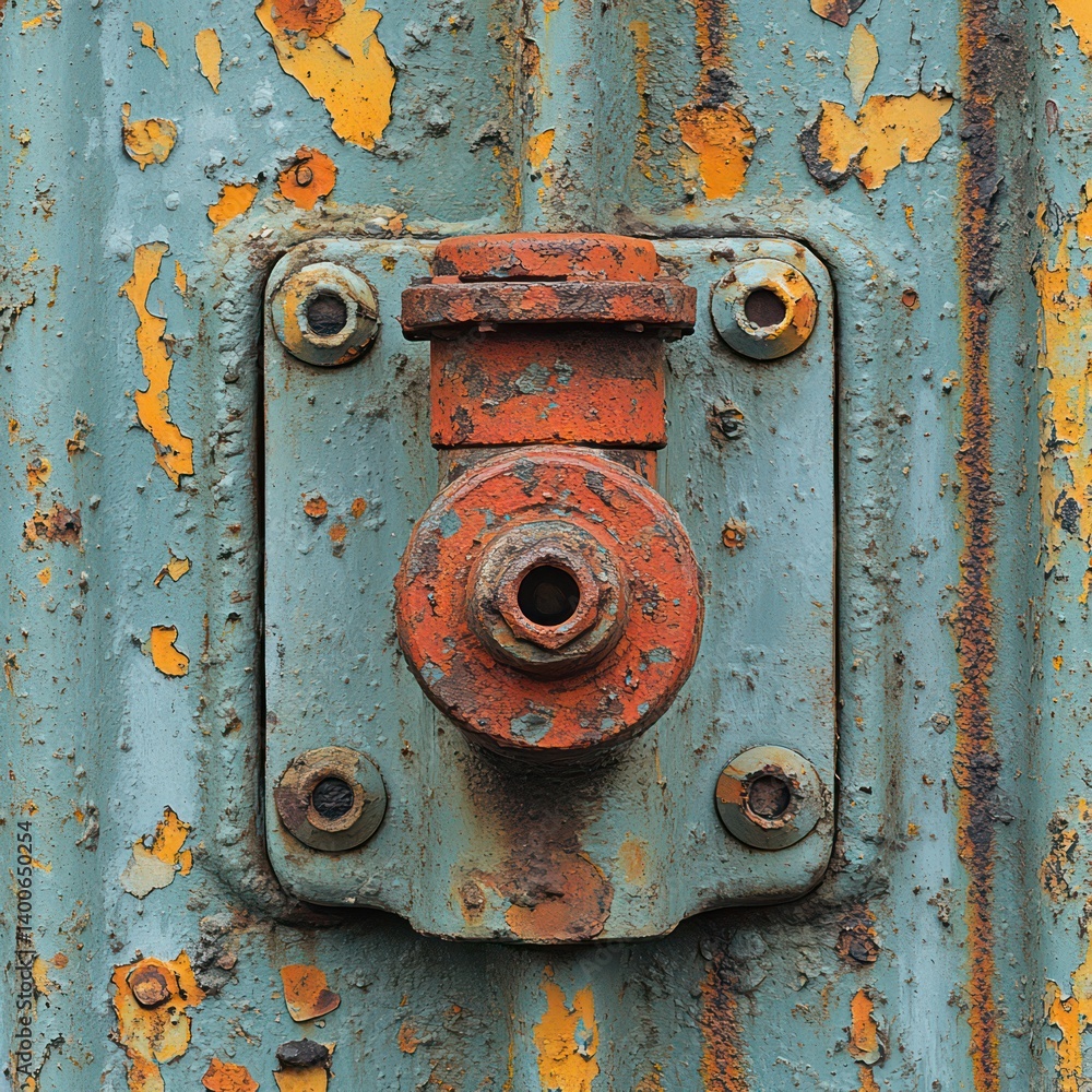 Close up of weathered metal fixture with rust and peeling paint. Close up of weathered metal fixture with rust and peeling paint.