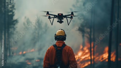 Firefighter Controlling Drone to Monitor Wildfire Blaze in Forest Landscape