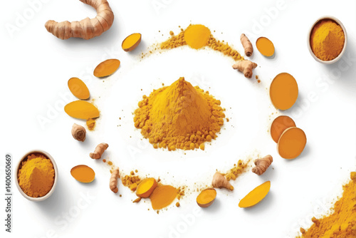 Turmeric powder pile in shape circle, isolated on white background, top view