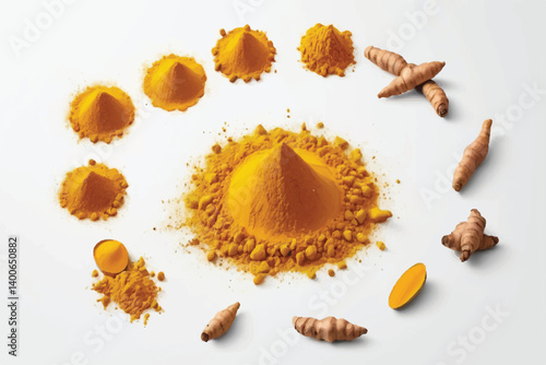 Turmeric powder pile in shape circle, isolated on white background, top view