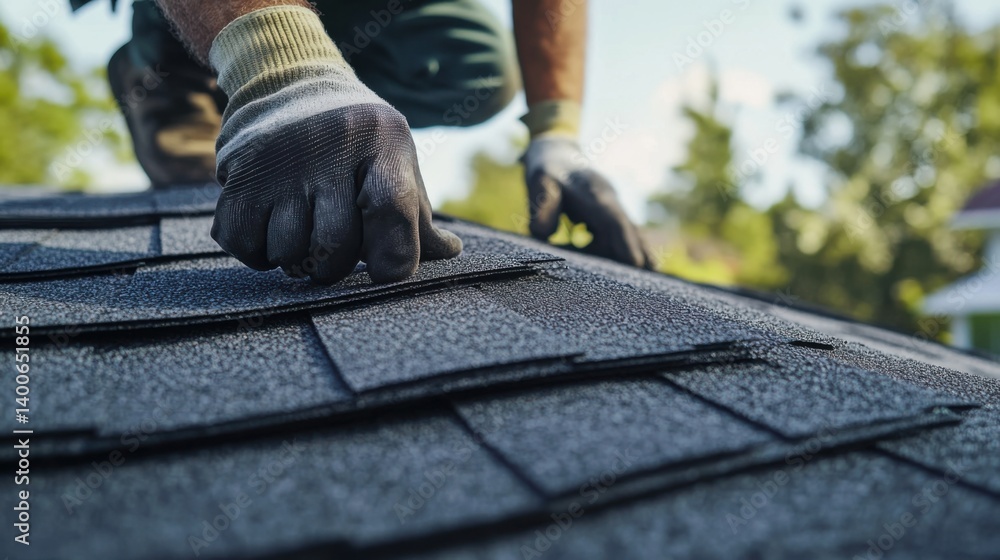 Roofer installing shingles on a new roof. Featuring precision and craftsmanship Roofer installing shingles on a new roof. Featuring precision and craftsmanship