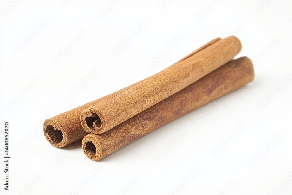 Three cinnamon sticks with brown texture and a white background Three cinnamon sticks with brown texture and a white background