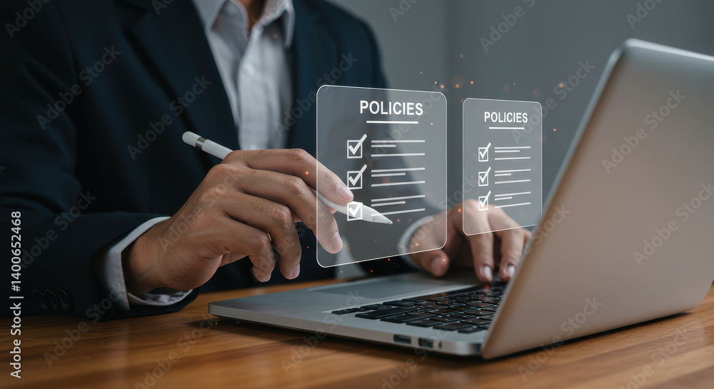 Policy Compliance Check: Businessman Reviewing Digital Policies on Laptop, Ensuring Regulations & Standards. Legal checklist on screen. Policy Compliance Check: Businessman Reviewing Digital Policies on Laptop, Ensuring Regulations & Standards. Legal checklist on screen.