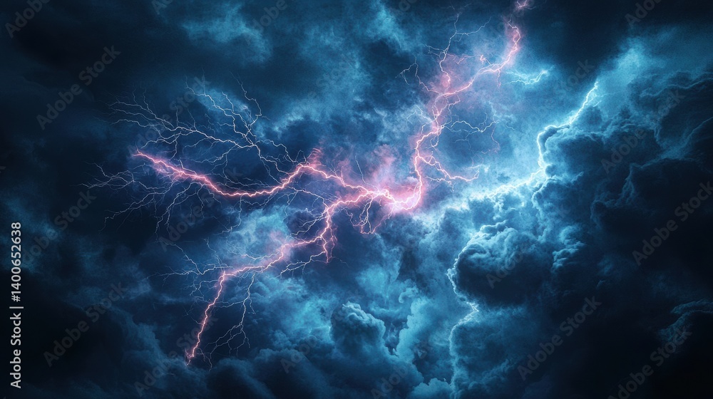 Obraz premium Dramatic lightning strikes illuminate a dark stormy sky with vibrant blue and pink energy.