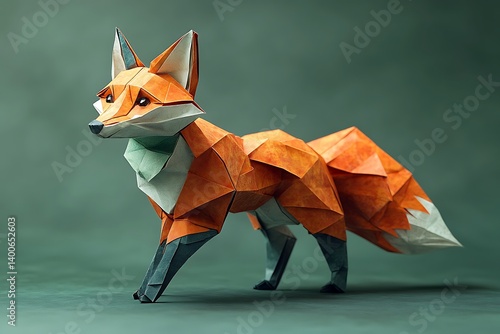 Playful origami fox leaping, dynamic diagonal composition, rim lighting highlighting edges, eye-level view.