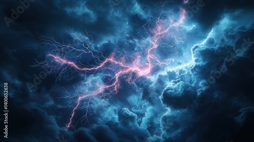 Dramatic lightning strikes illuminate a dark stormy sky with vibrant blue and pink energy.