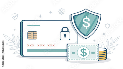 Credit card and money with shield in financial security concept