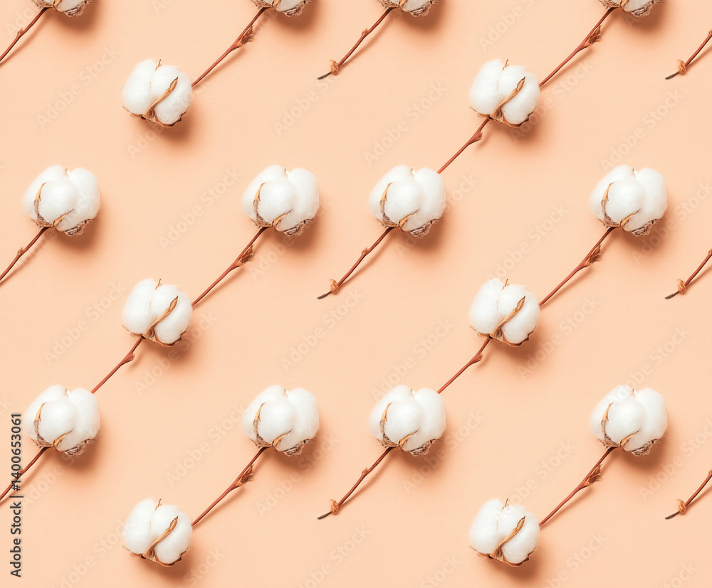 pattern of cotton bolls arranged on a beige background. The cotton bolls are depicted with fluffy, white fibers and brown stems, creating a soft and natural aesthetic. pattern of cotton bolls arranged on a beige background. The cotton bolls are depicted with fluffy, white fibers and brown stems, creating a soft and natural aesthetic.