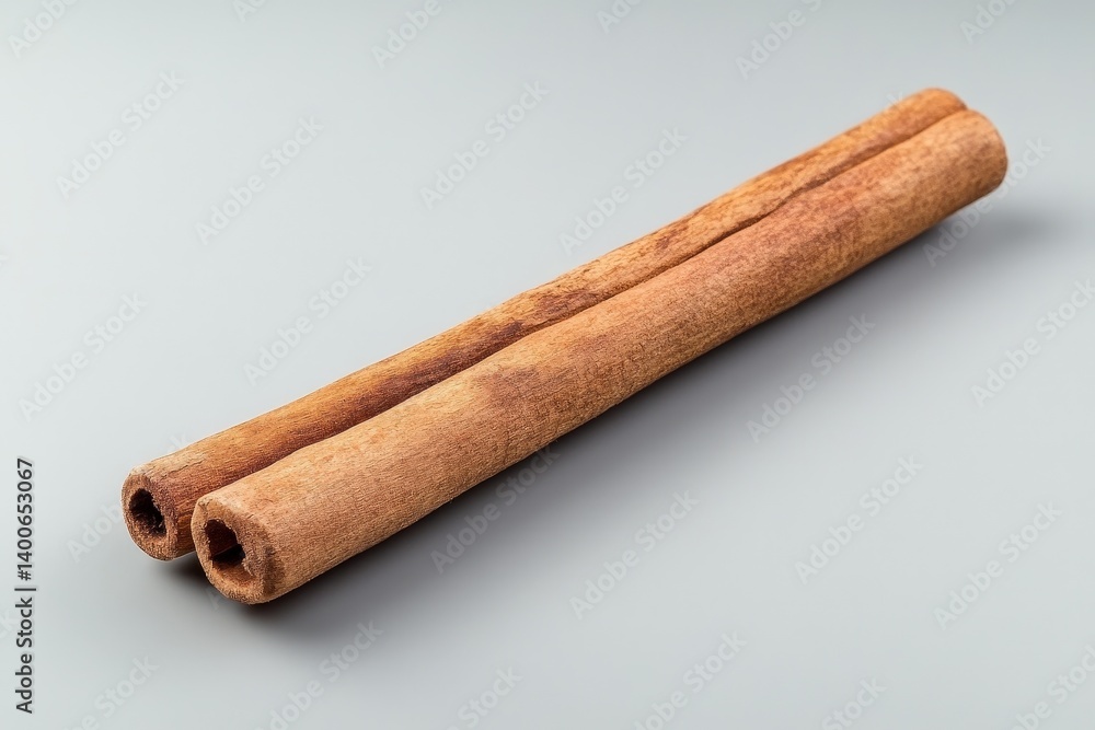 Two cinnamon sticks are displayed on a solid gray background